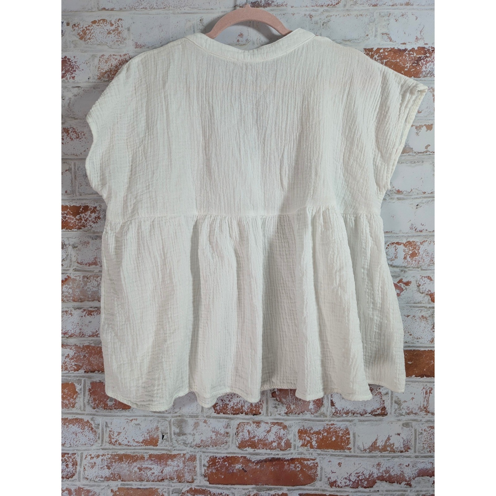 Umgee Embroidered Boho Babydoll Top Women Large White Cotton Gauze Blouse