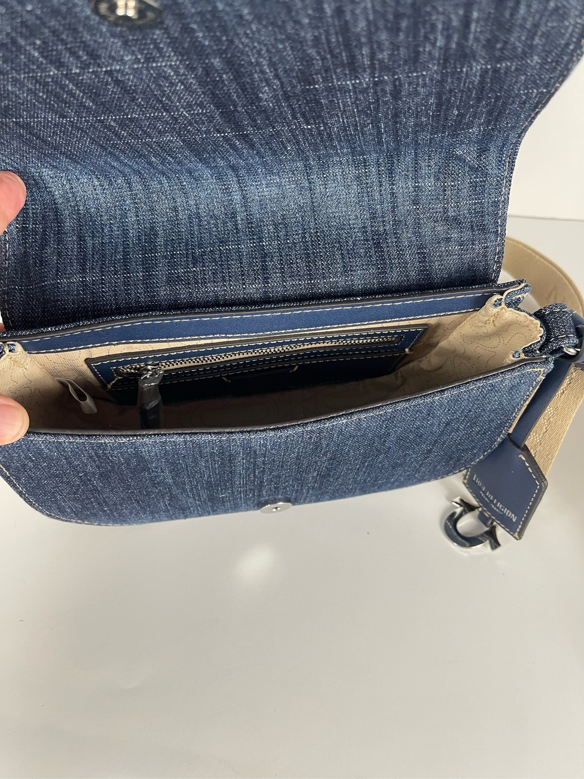 True Religion Denim Crossbody Bag Studded Horseshoe Flap Shoulder Purse