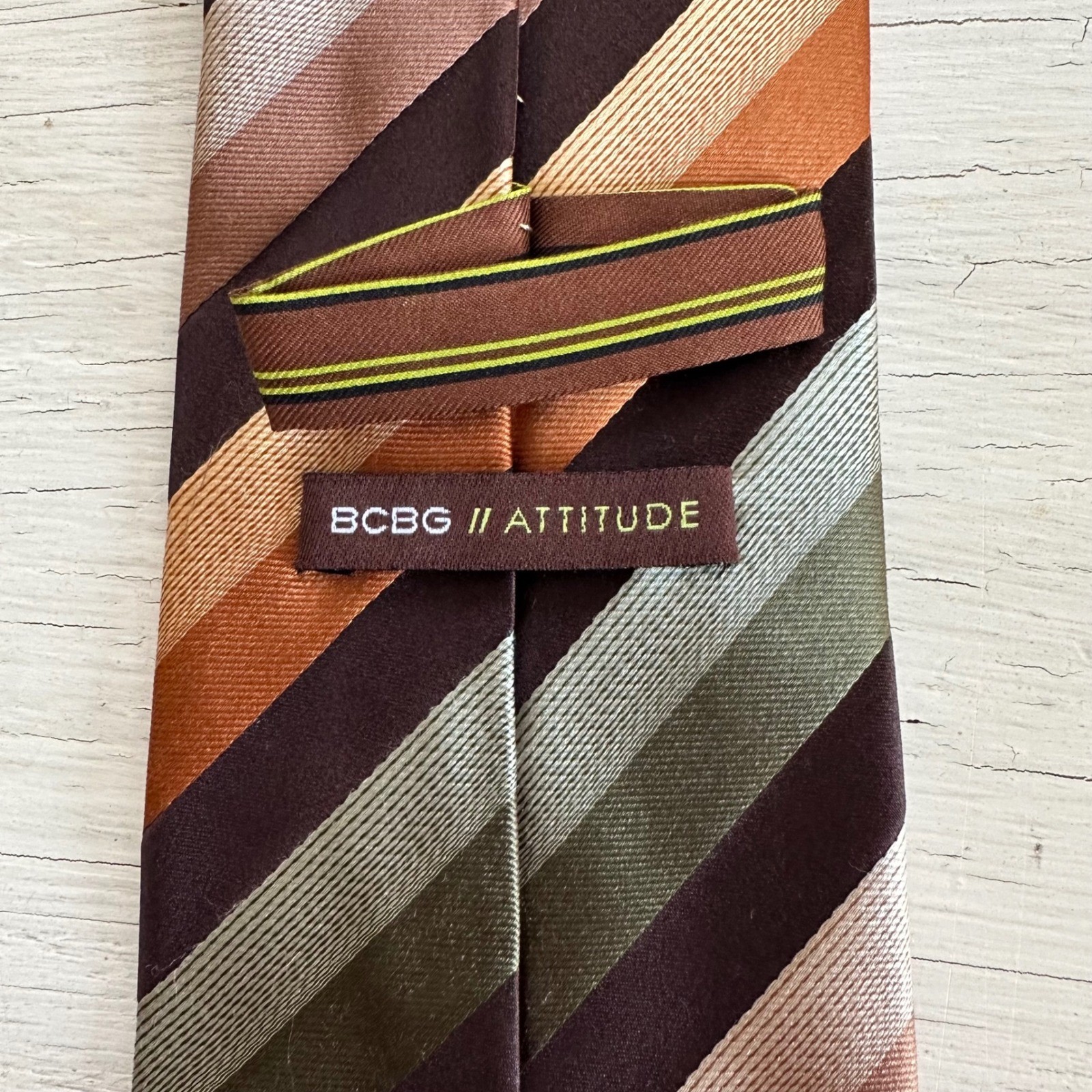 BCBG Attitude Men’s Striped Silk Tie Brown Orange Green Beige Business OR Casual