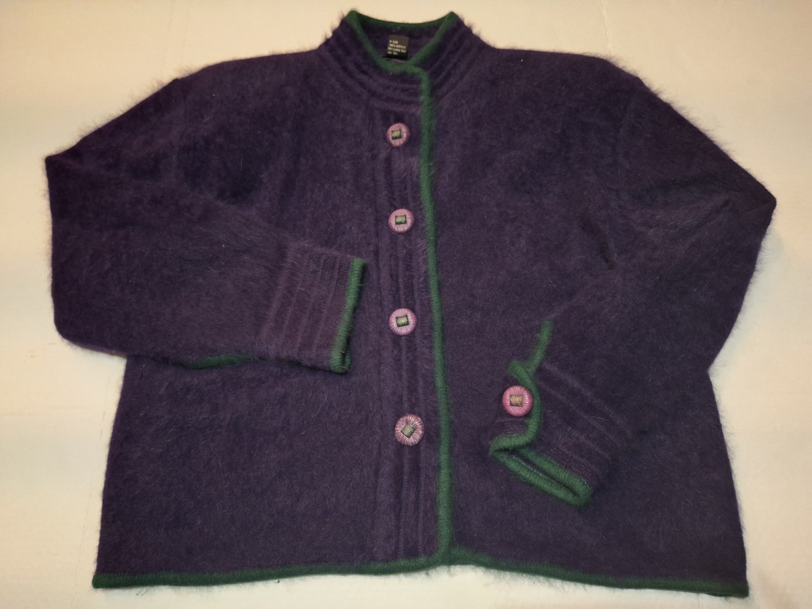 Vtg Venesha High Quality Purple Angora Cardigan Sweater Chunky Buttons Large