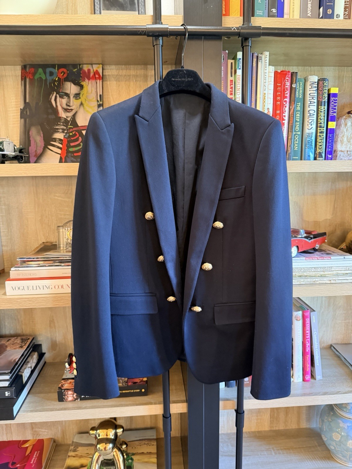 Balmain Men’s Navy Wool Twill Double-Breasted Peak Lapel Blazer 40R