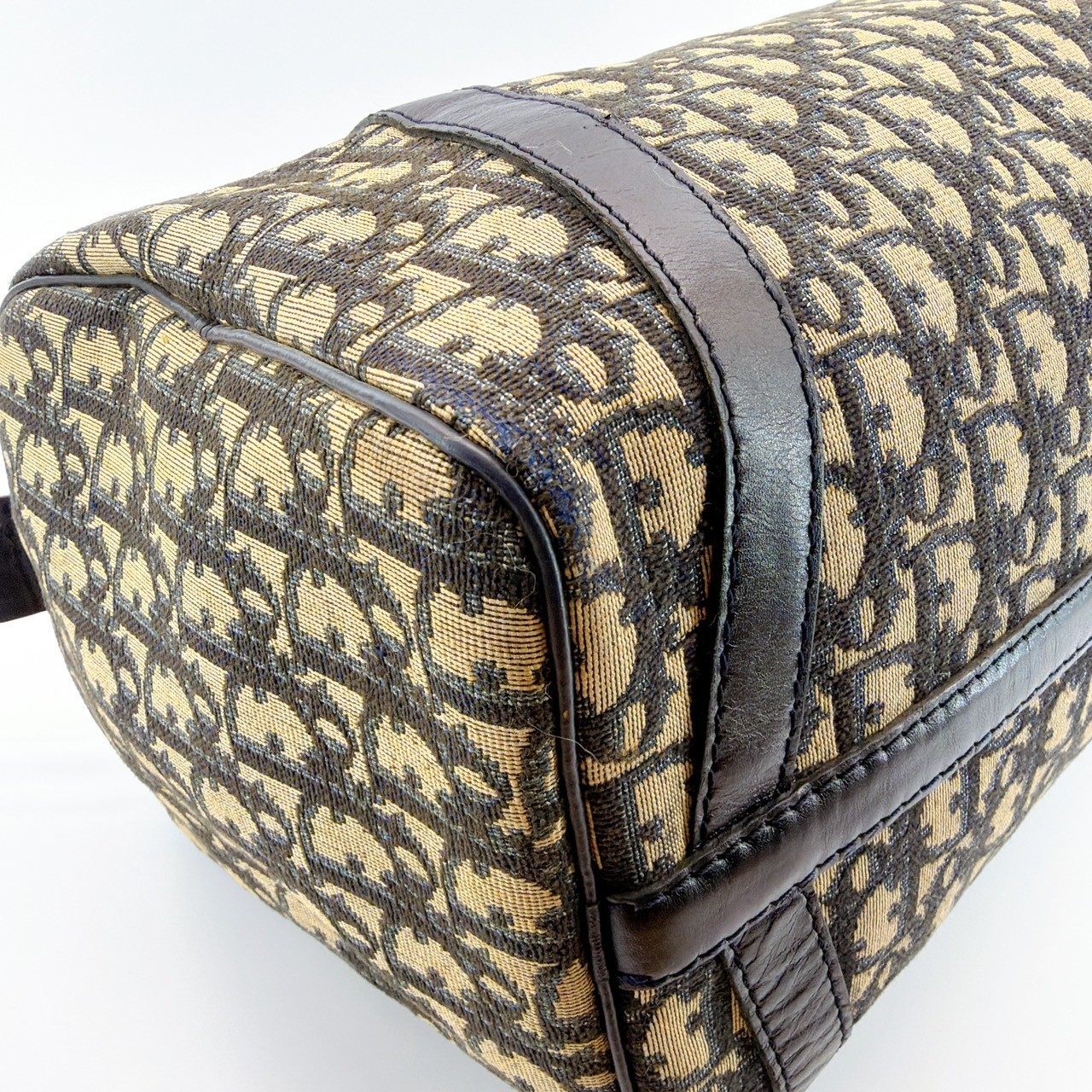 Auth Christian Dior Trotter Pattern Canvas Beige Navy Boston Bag 303Q1
