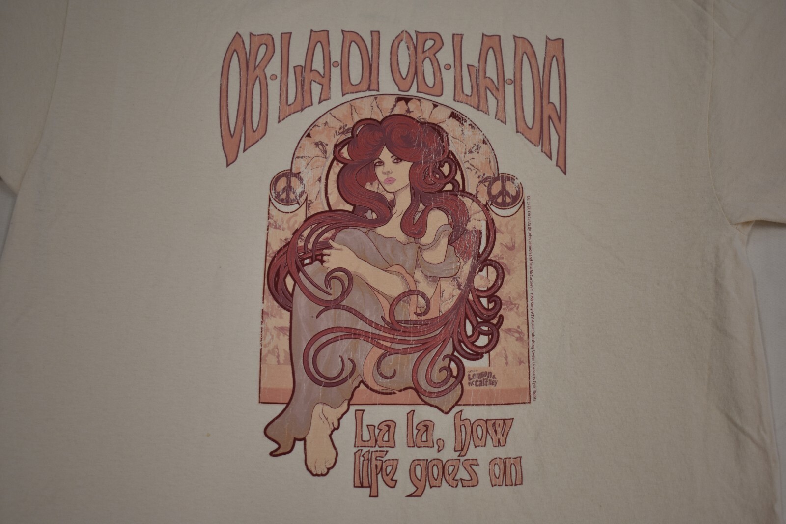 Lyrics By Lennon & McCartney Womens Ob-La-Di, Ob-La-Da Tan Shirt New S/M, M/L