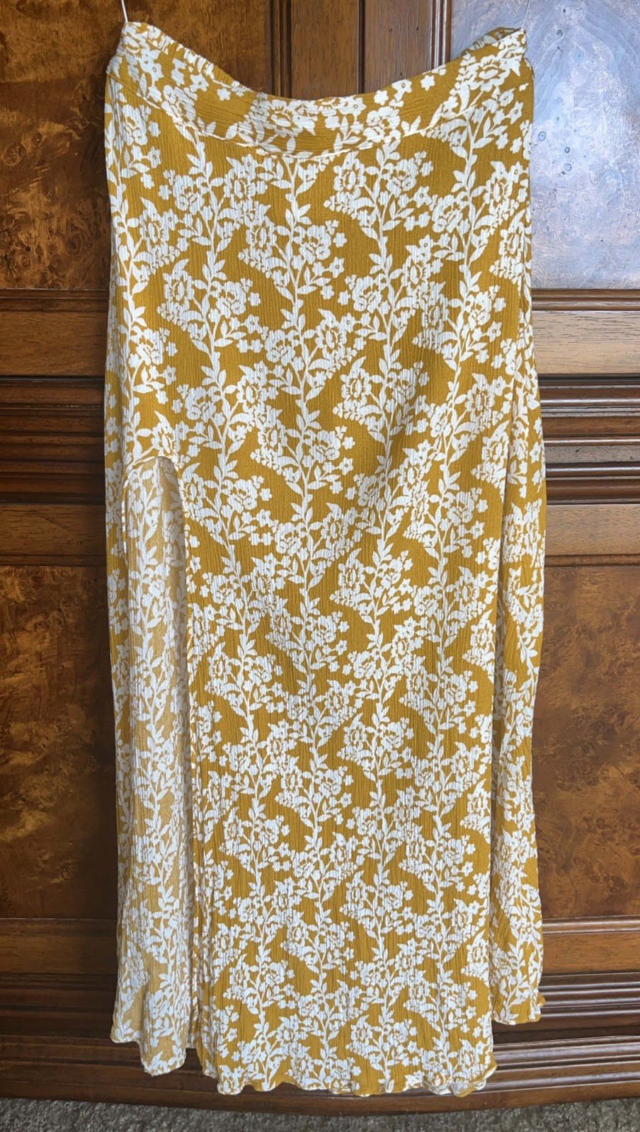 Hello Molly Women’s Yellow Floral Maxi Skirt Scalloped Edge High Slit Size S