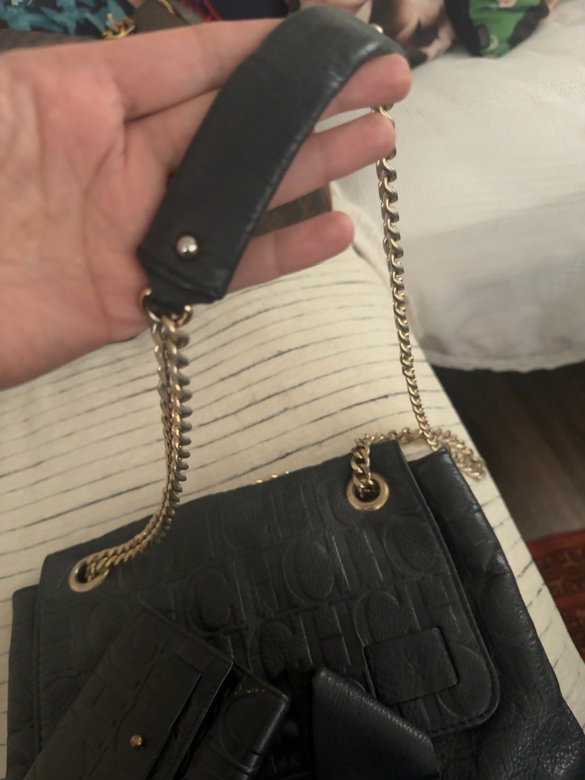 Carolina Herrera CH Small Black Monogram Shoulder Bag Bow Chain Strap Coin Purse