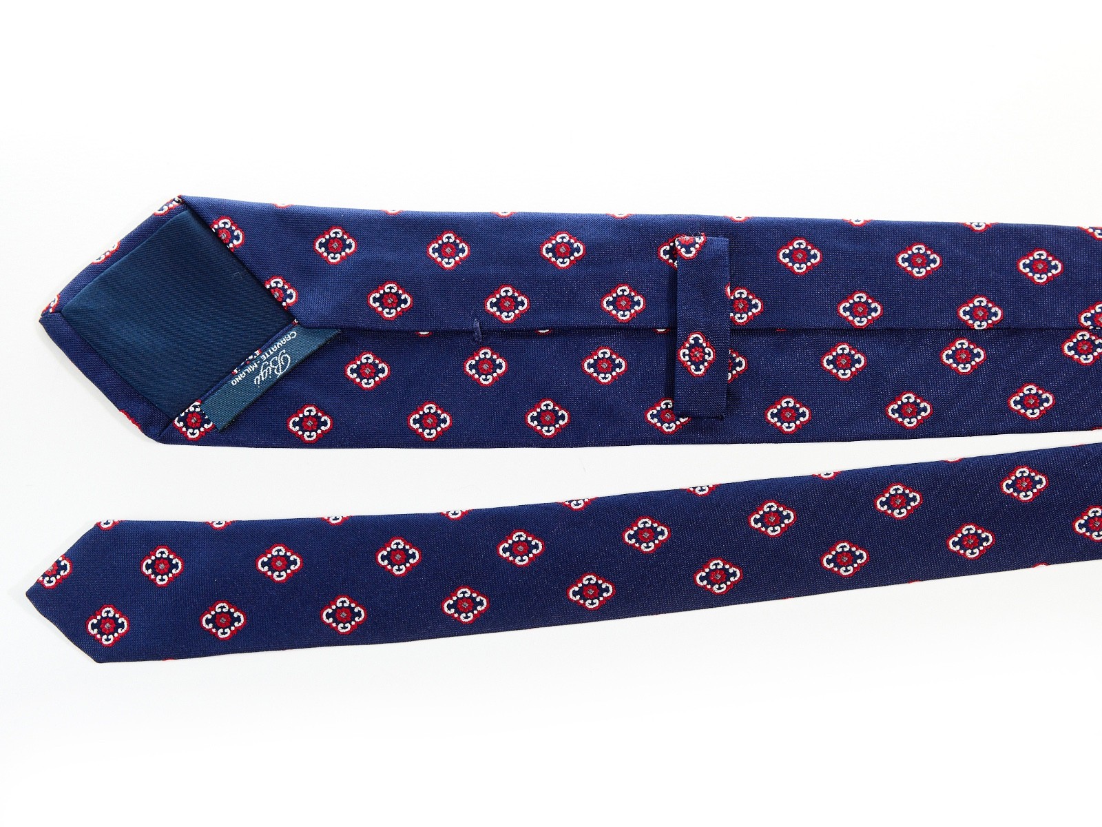BIGI CRAVATTE Men’s 100% Silk Tie BLUE w/ RED MEDALLIONS 59″ x 3.25″ USED T22