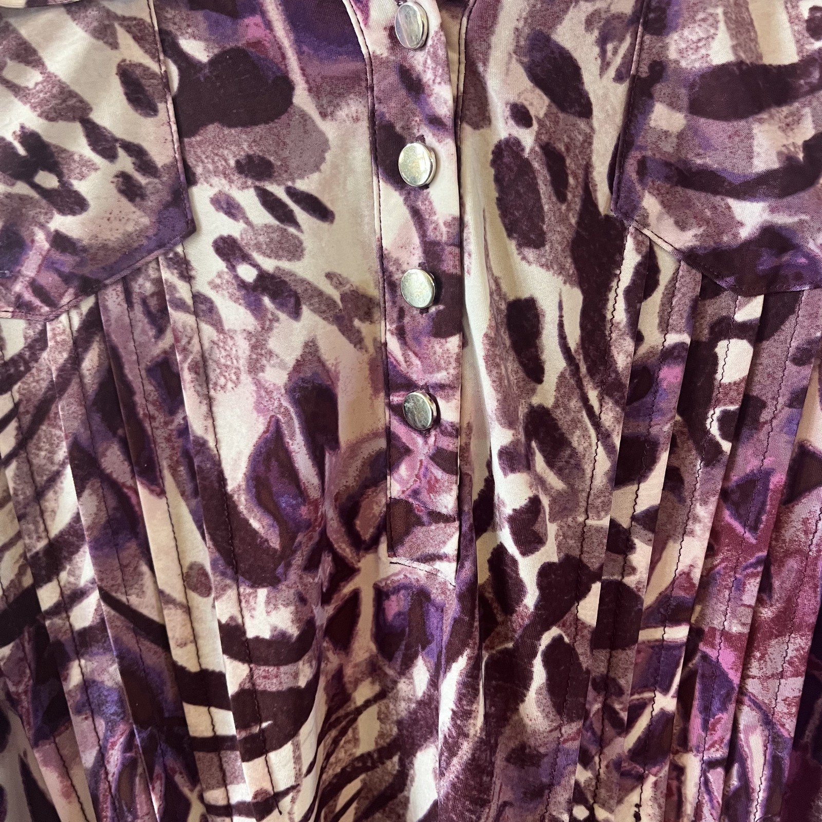 Cocomo Size XL Black Purple Leopard Abstract 3/4 Sleeve Stretch Blouse Tunic