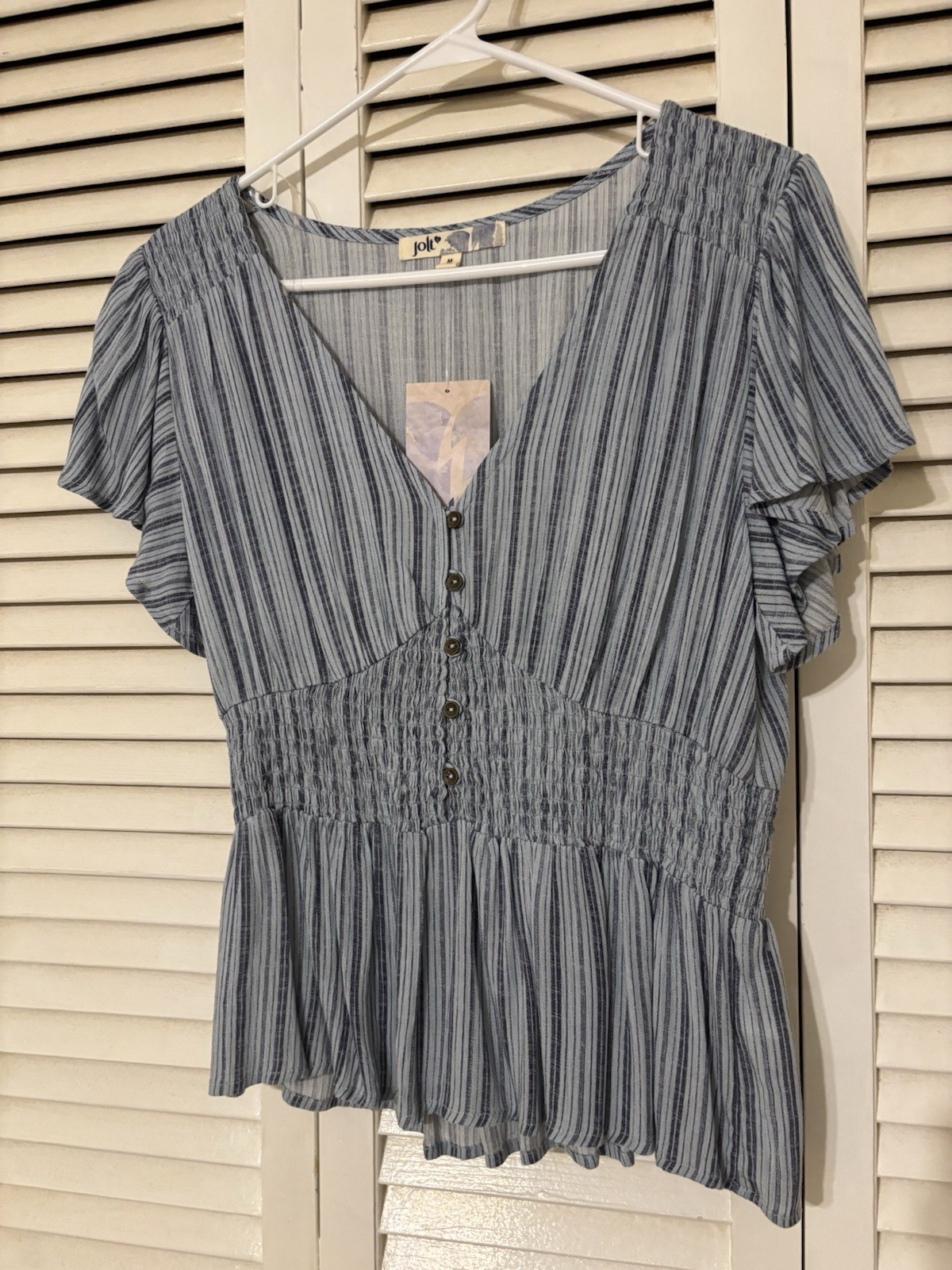 Jolt Women’s Blue Striped V-Neck Smocked Peplum Flutter Sleeve Blouse M