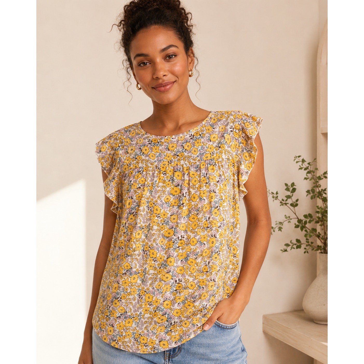 LOFT Outlet Yellow Floral Flutter Sleeve Blouse Size Small Cottagecore Boho Top