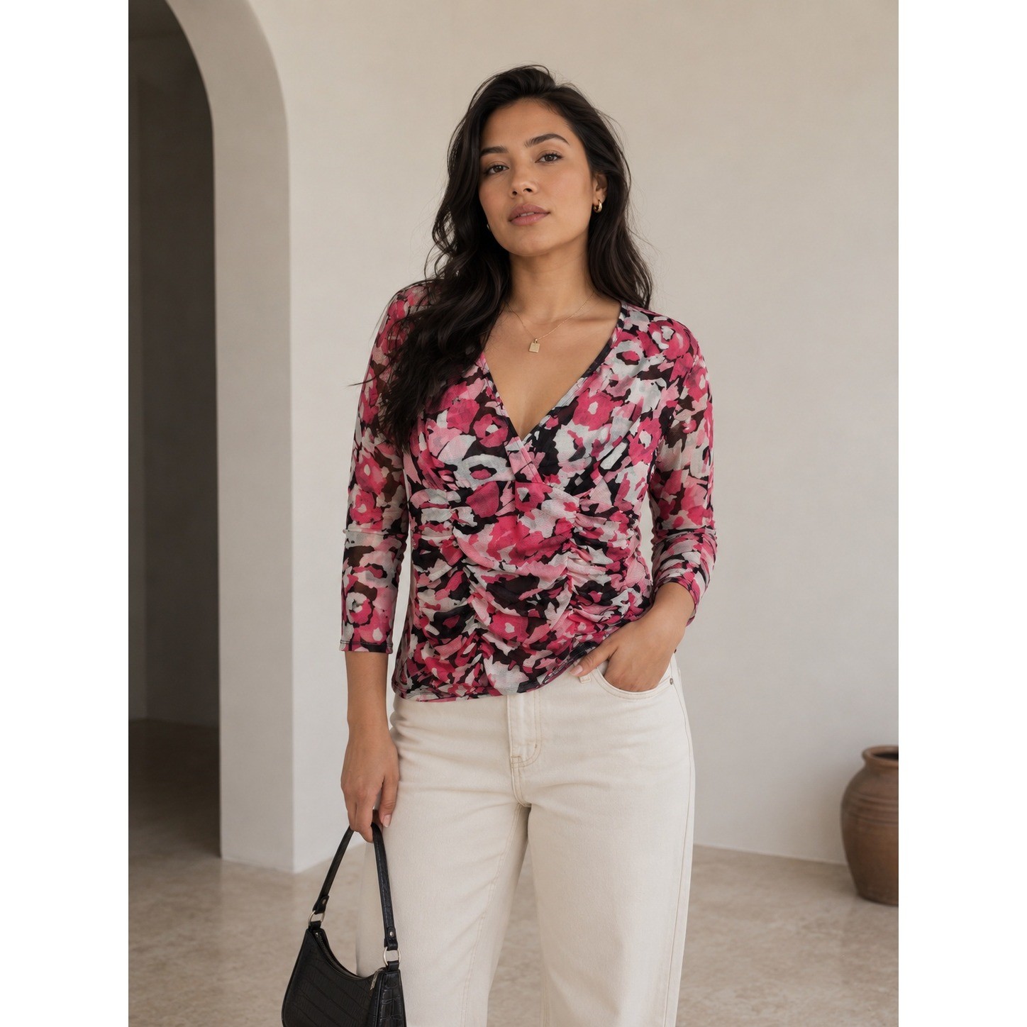 INC International Concepts Pink Floral Mesh Ruched Surplice Top XL Y2K