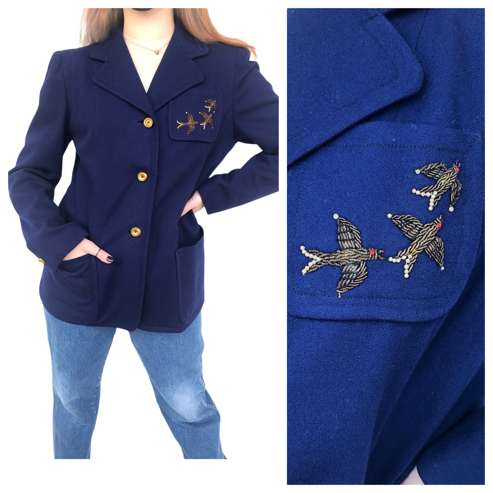 Vintage VTG 1940s 40s Navy Blue Bird Embroidered Blazer Jacket