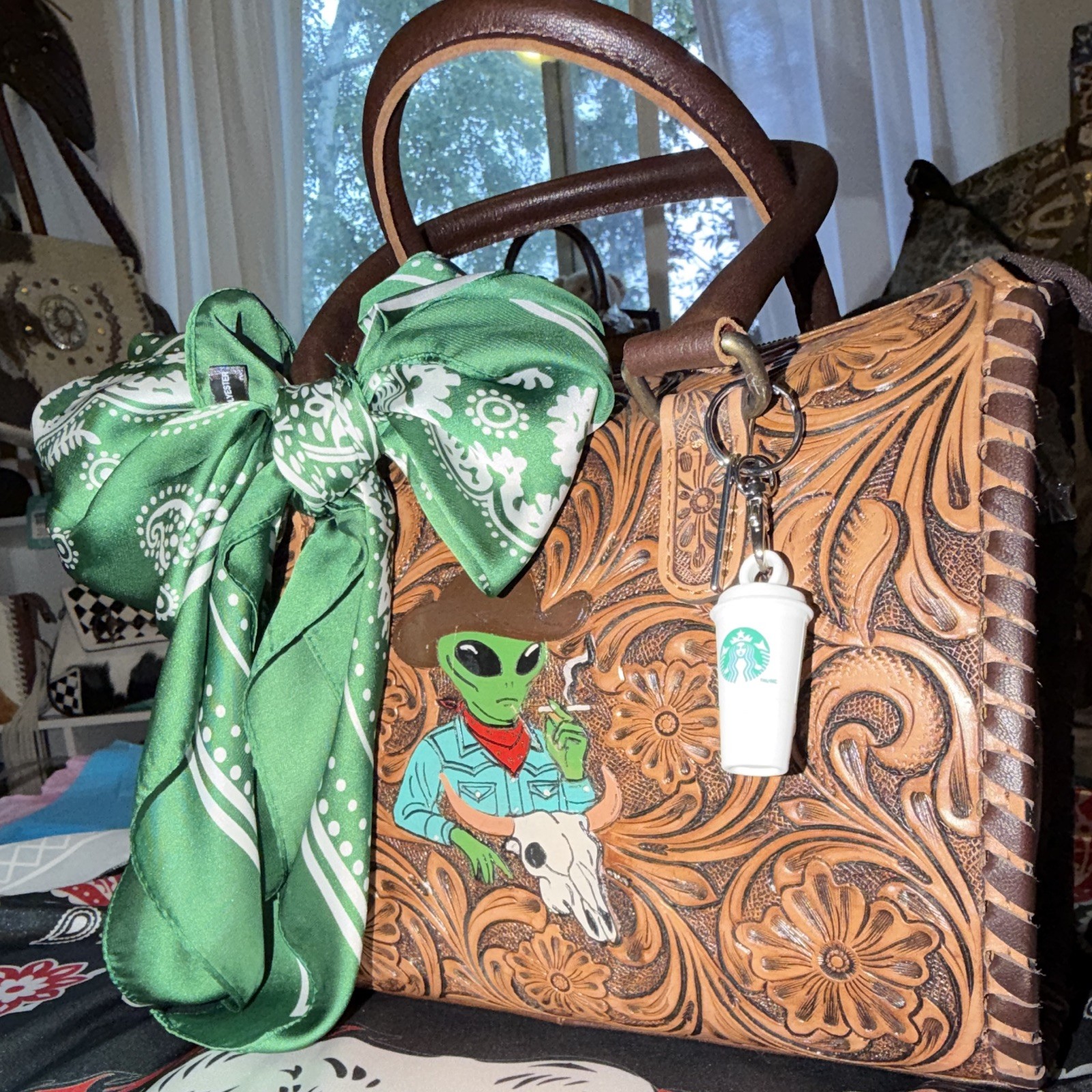 Handmade Tooled Floral Western Satchel Top Handle Zip Bag Brown Alien Charm