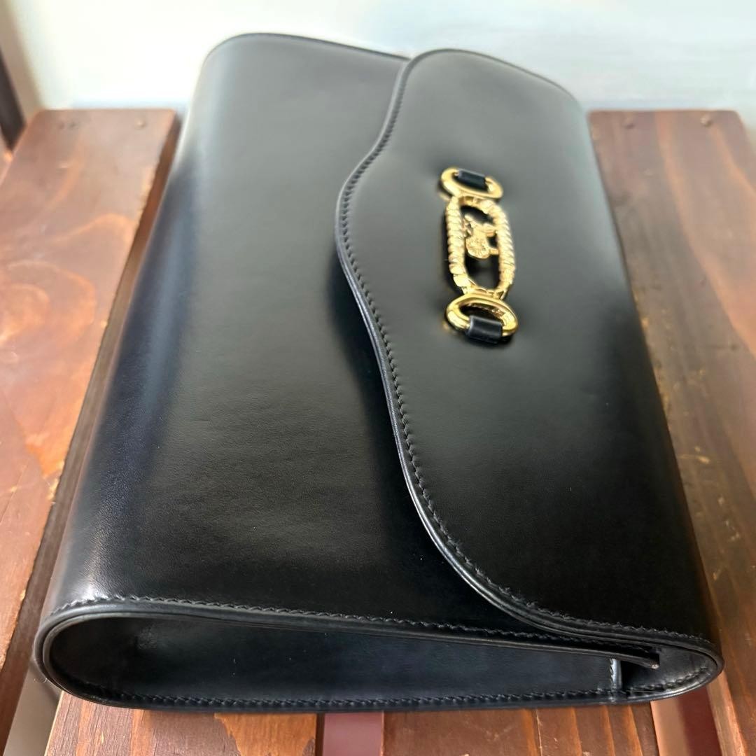 Celine Chain Shoulder Bag Leather Black Horse Carriage Hardware