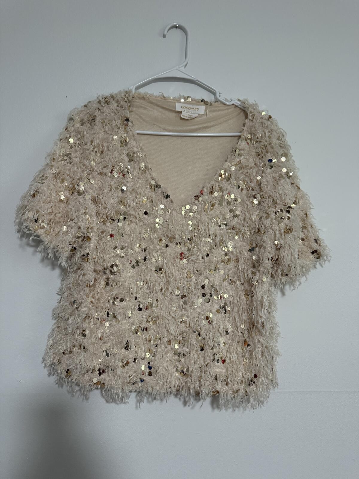 Y2K sequin eyelash knit party top champagne gold size L