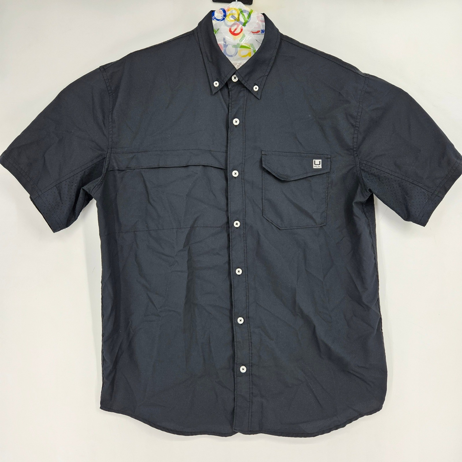 Huk Shirt Mens Large Short Sleeve Button Up Fishing Outdoor Performance Black
