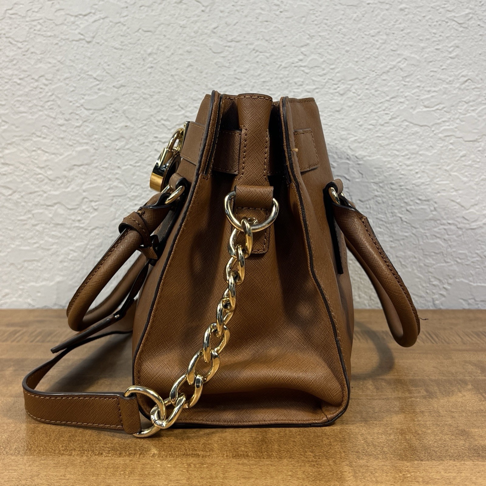 Michael Kors Brown Medium Satchel Top Handle Shoulder Strap Gold Hardware Lock