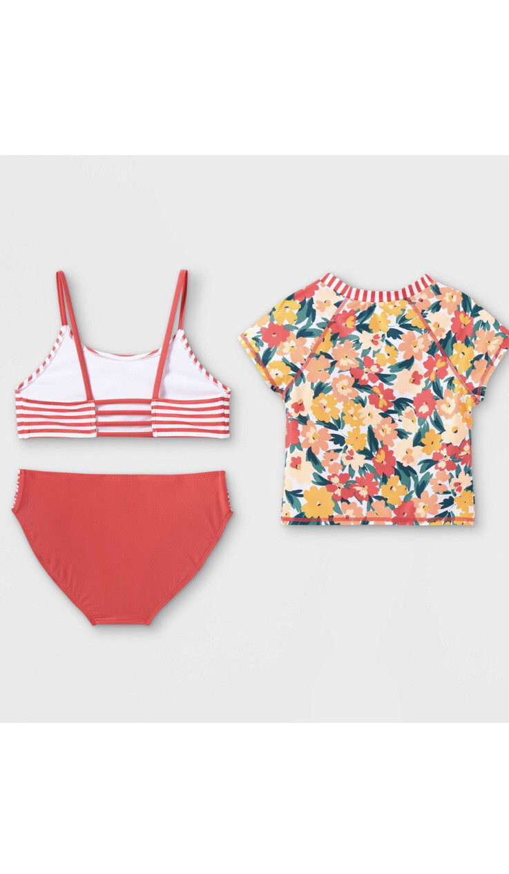 Art Class Floral Striped 3pc Short Sleeve Rashguard Bikini Size XS 4-5