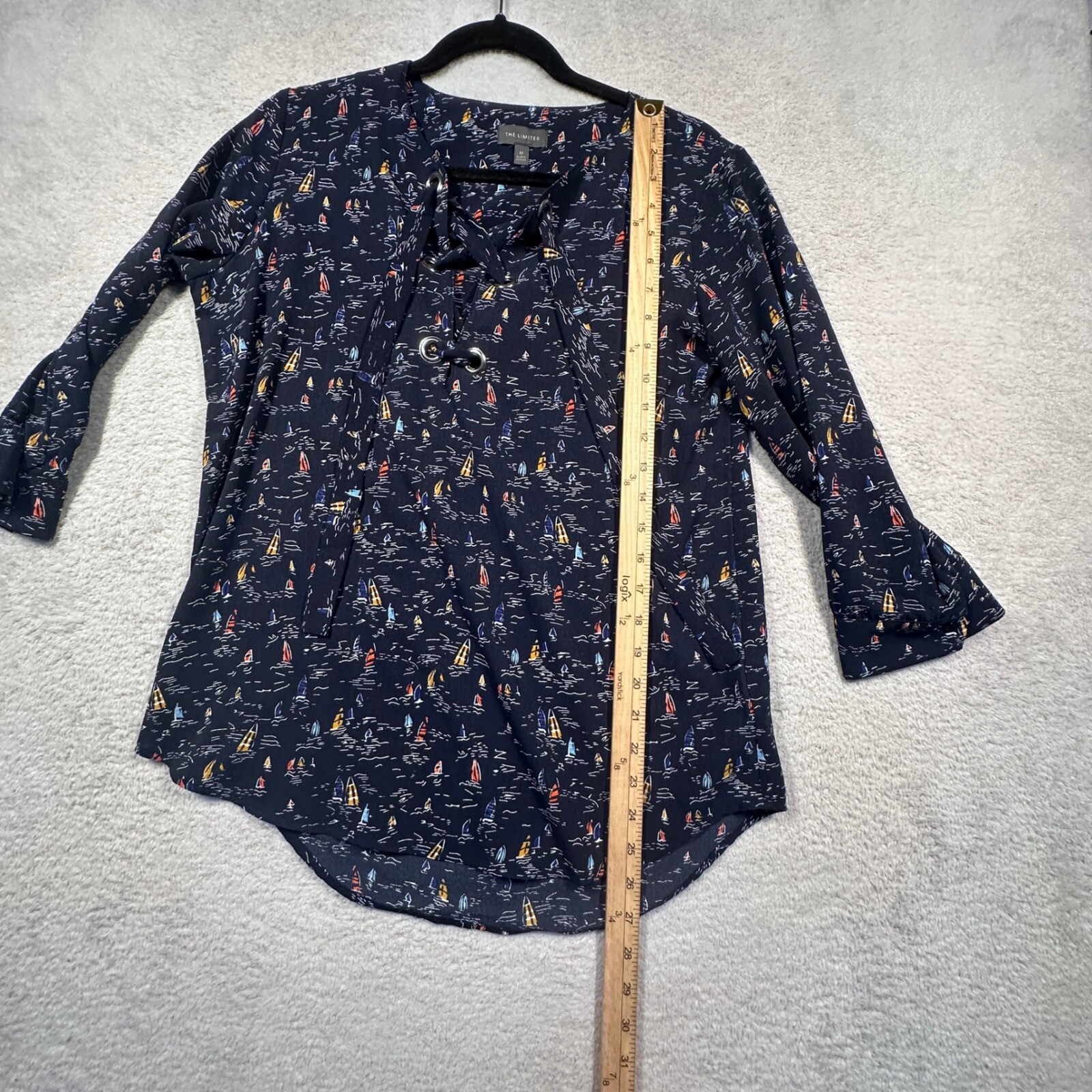 The Limited Sailboat Print Blouse Lace Up 3/4 Sleeve Top Nautical M