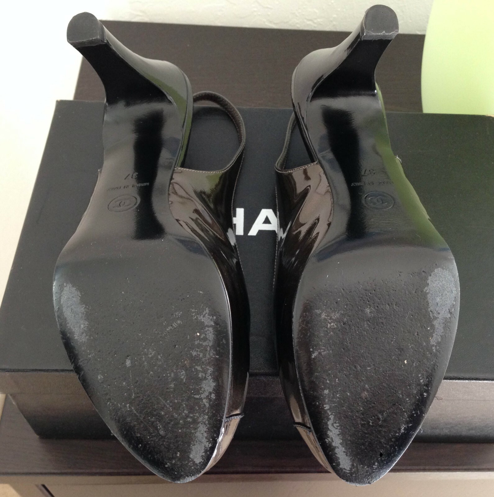 Auth Chanel CC LOGO TOE bronze w/ black slingback pumps box bags SZ 7 US 37 EU