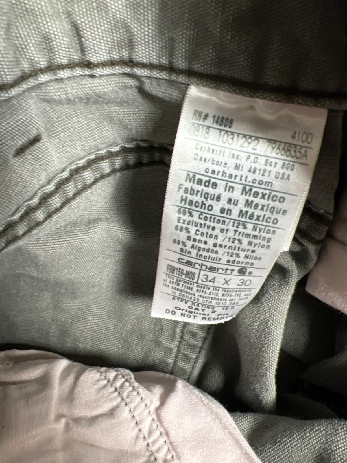 Carhartt Men 34×30 FRB159-MOSS Flame Resistant Canvas Work Pants