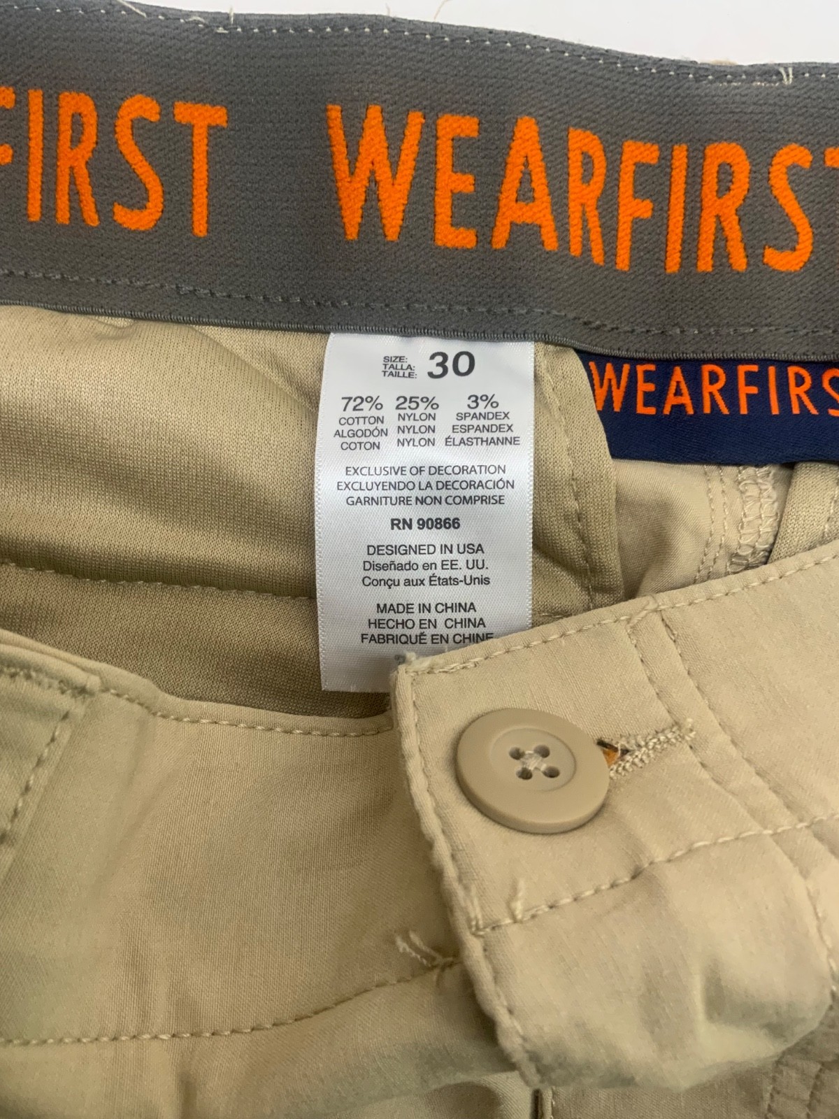 WEARFIRST 30” W x 9”L 11” rise CARGO SHORTS ELASTIC waist 6 pockets (2 zip) TAN