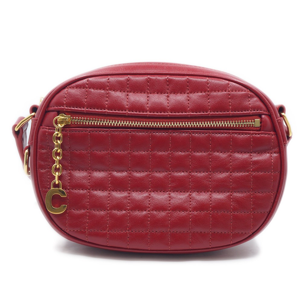CELINE Red Leather Shoulder Bag with C Charm Gold Hardware #M-4080