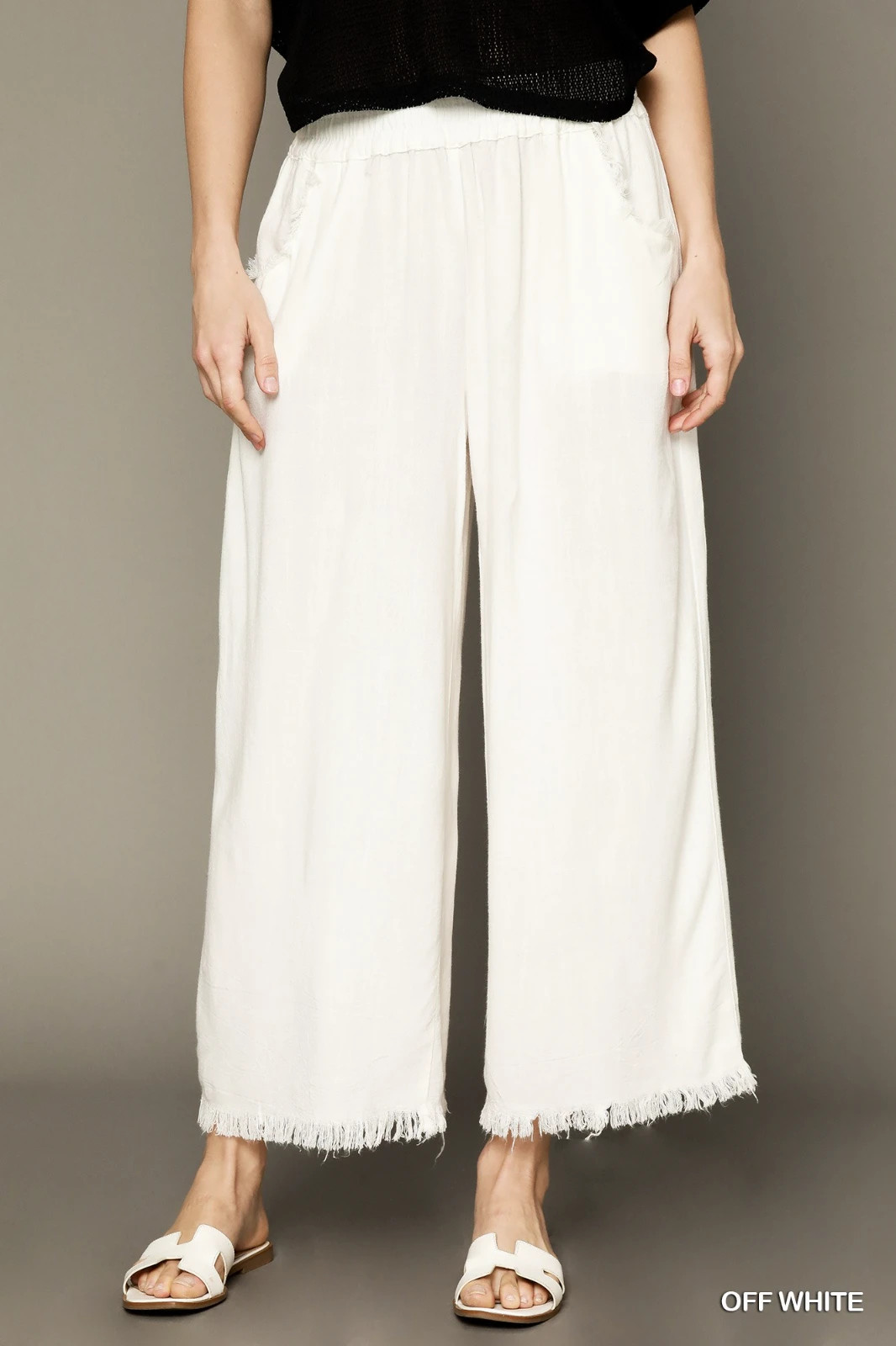 Umgee Off White Frayed Hem Wide-Leg Linen Blend Pants with Pockets