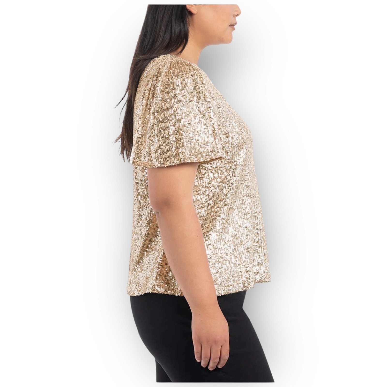 NWT Hilary Radley Sequin Flutter Sleeve Blouse Champagne Size Small