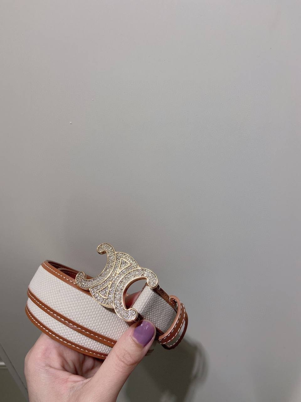 CELINE Triomphe Logo Canvas Leather Belt Women Medium Brown White Gold Hardware