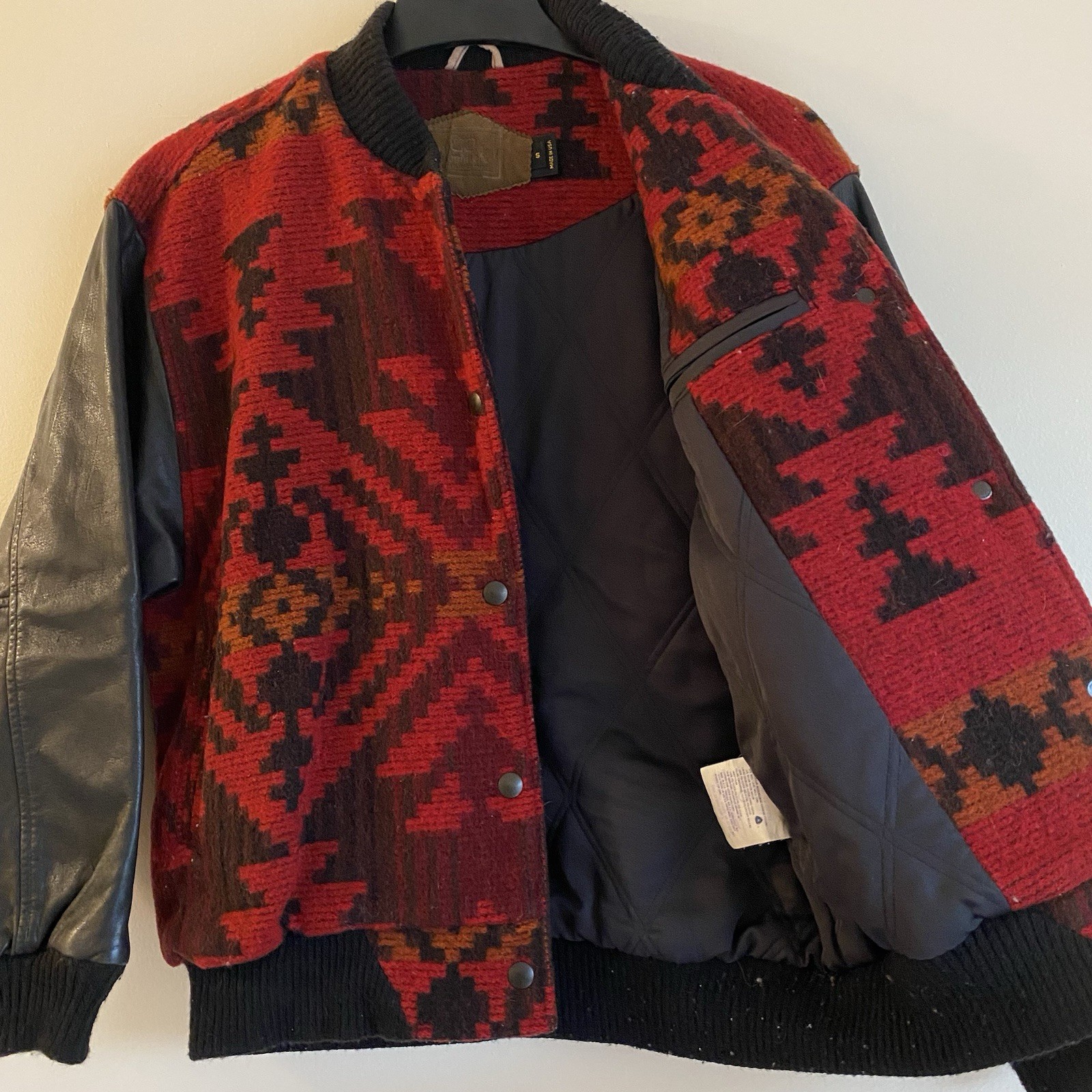 Vintage 90s Woolrich Aztec Jacket Bomber Wool Small USA Southwestern Leather 80s