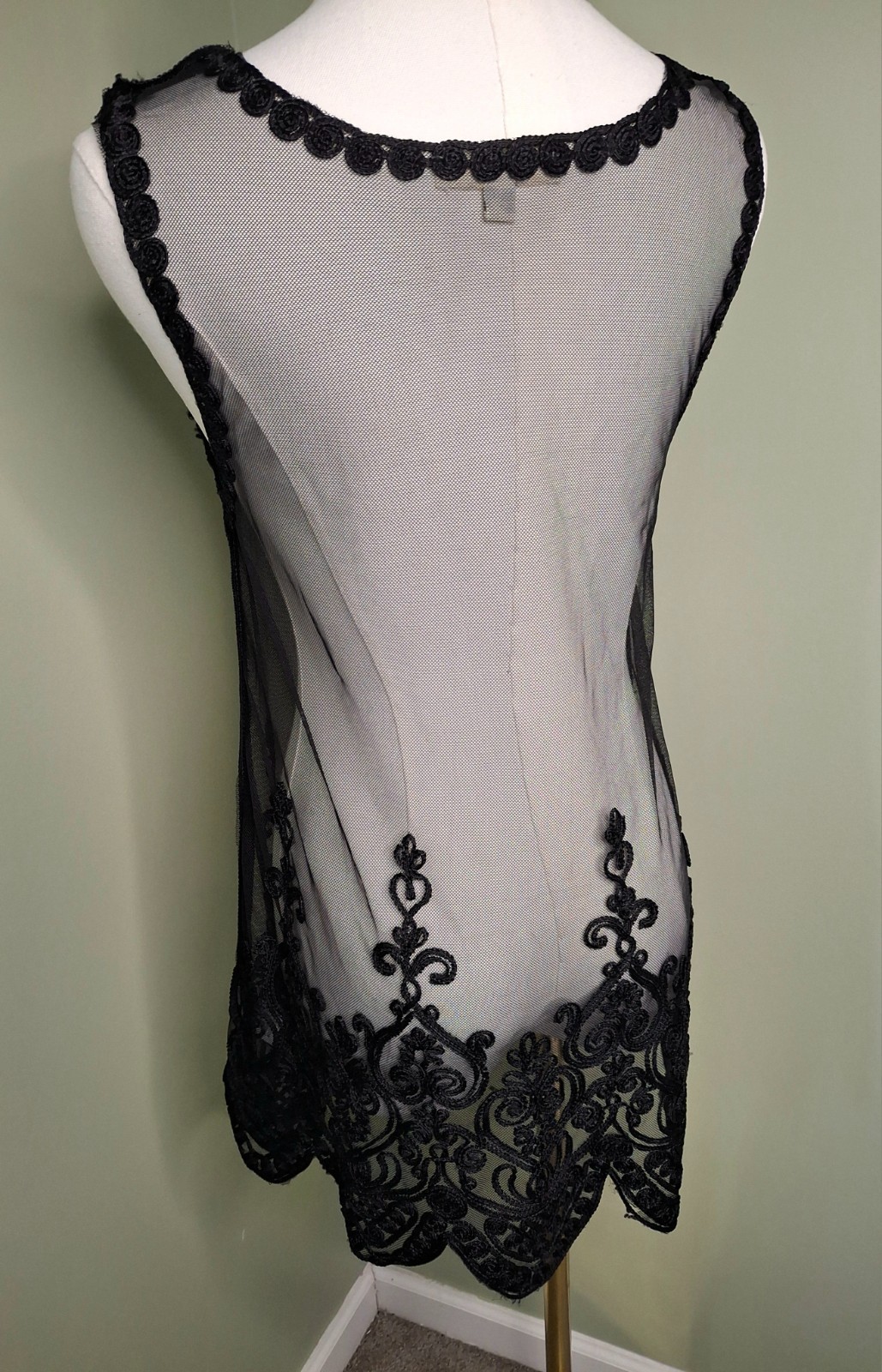 YOLOSANGELES Black Sheer Mesh Embroidered Lace Tunic Top Boho Gothic S