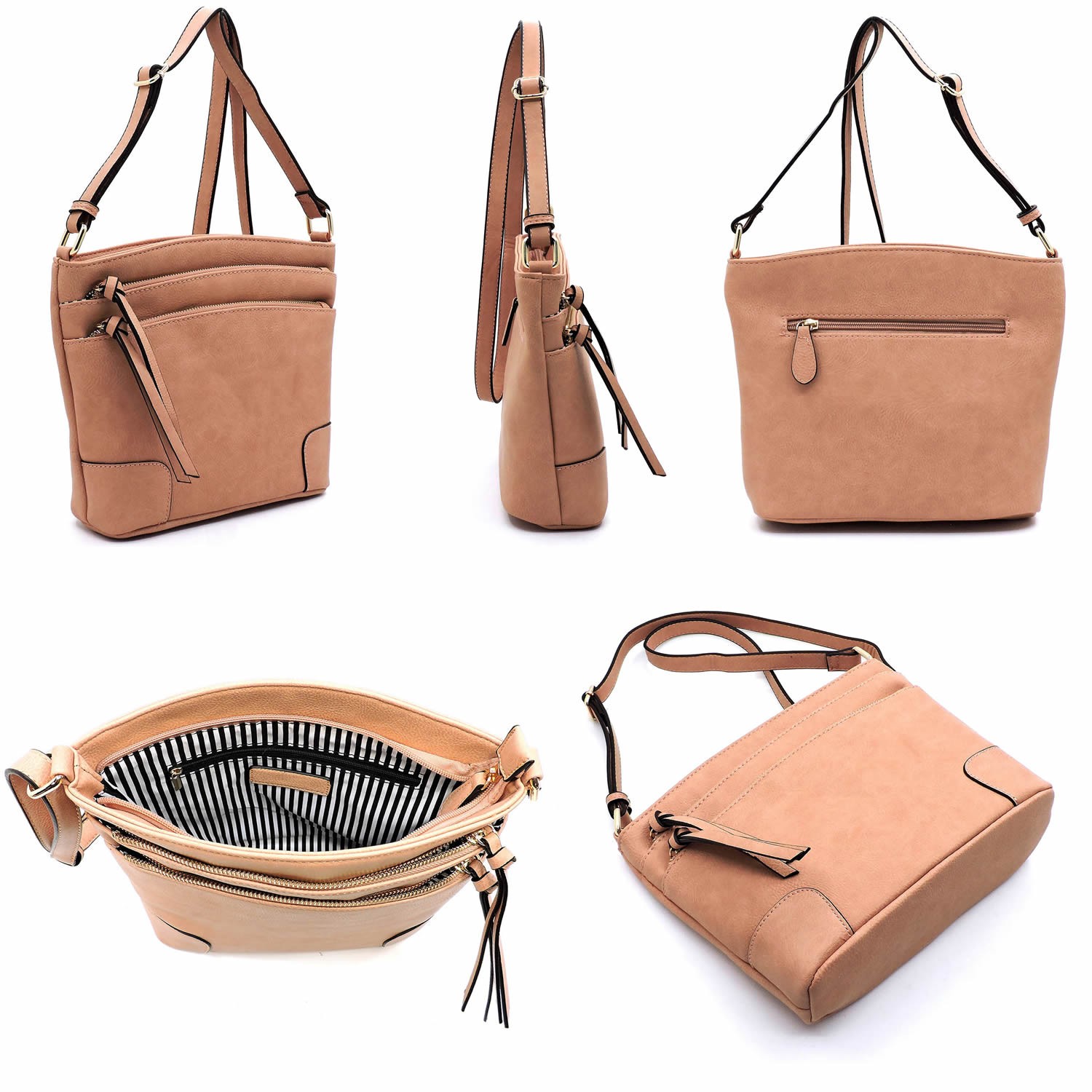 Triple Zip Pocket Womens Crossbody Bag Medium Fashion Handbag