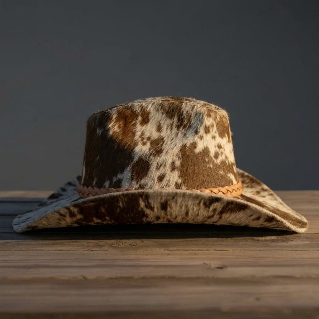 Handmade Genuine Cowhide Leather Cowboy Hat Brown White Western Hair on Hide