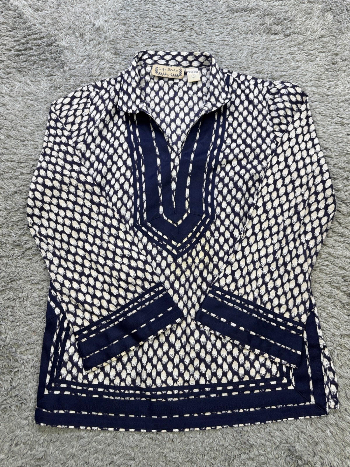 Life Style Top Women Medium Navy Blue Geometric Kimono Asian Style Tunic Blouse