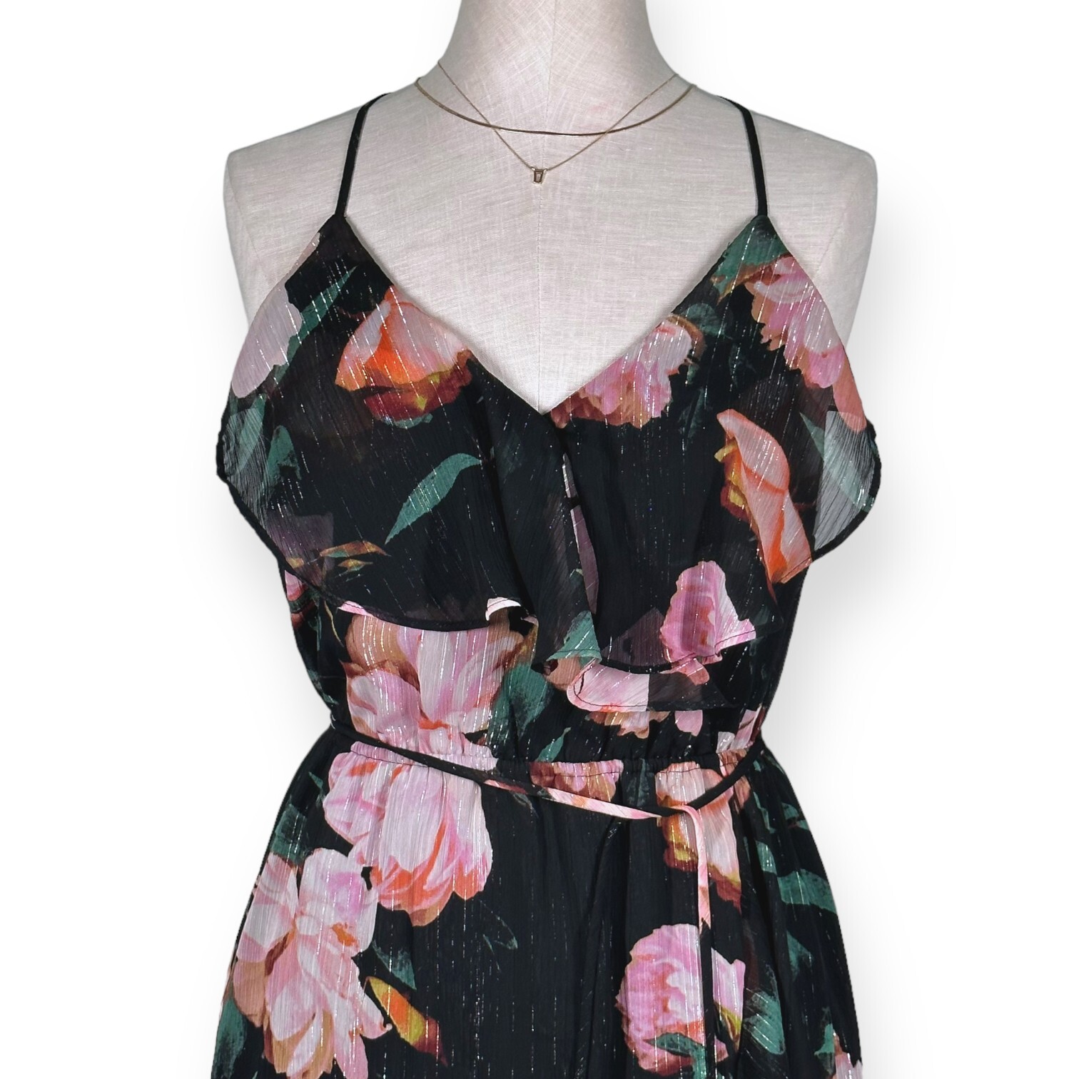 JENNIFER LOPEZ Faux Wrap Shimmer Floral Midi Dress Ruffle Tier Cascade Flirty 2