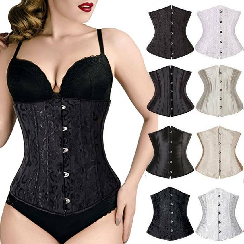 Women Satin Gothic Bustier Top Lace Up Waist Cincher Training Underbust Corset