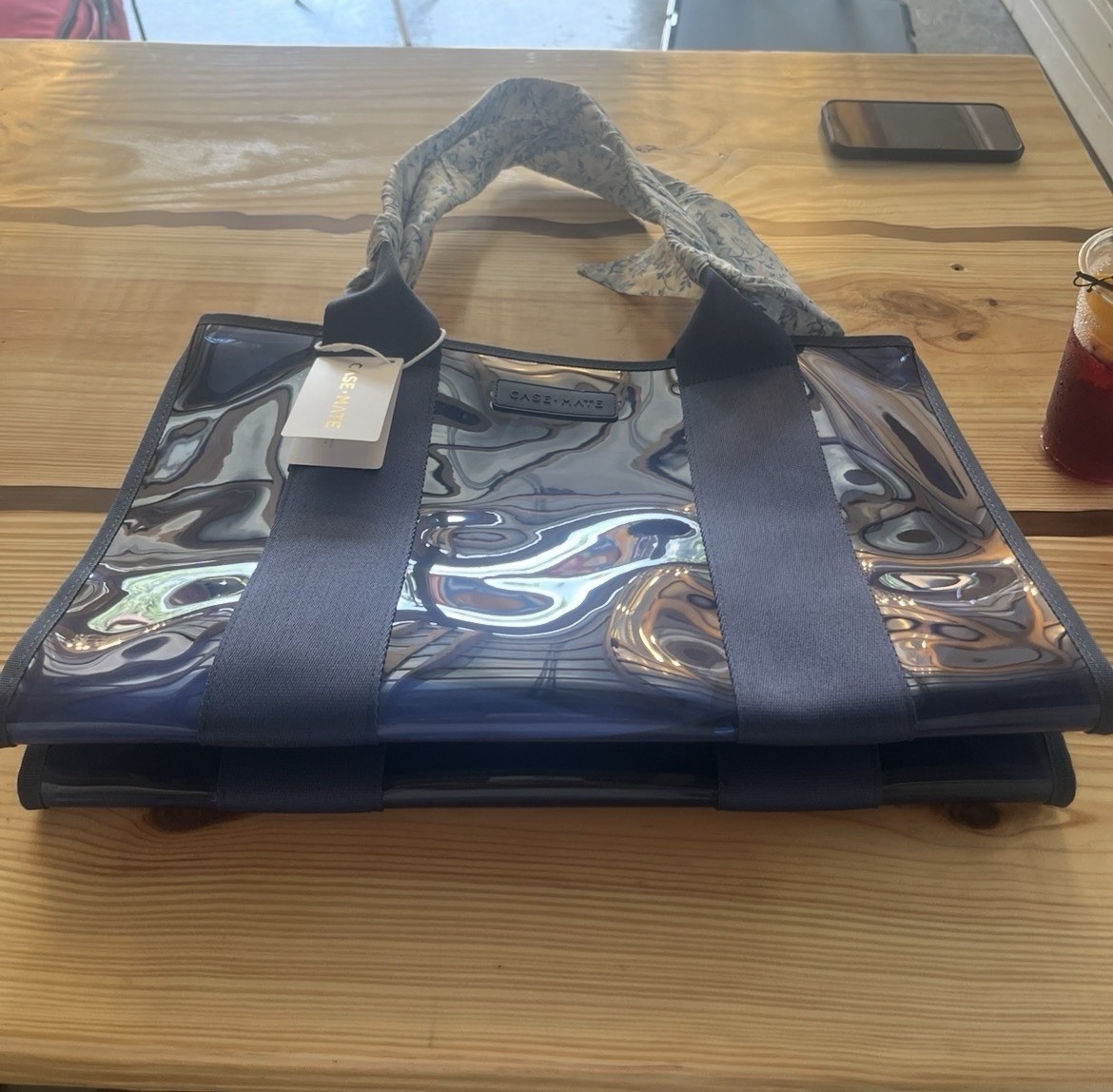 Case-Mate Clear Floral Tote Bag w/ Blue Straps, Glossy Top Handle