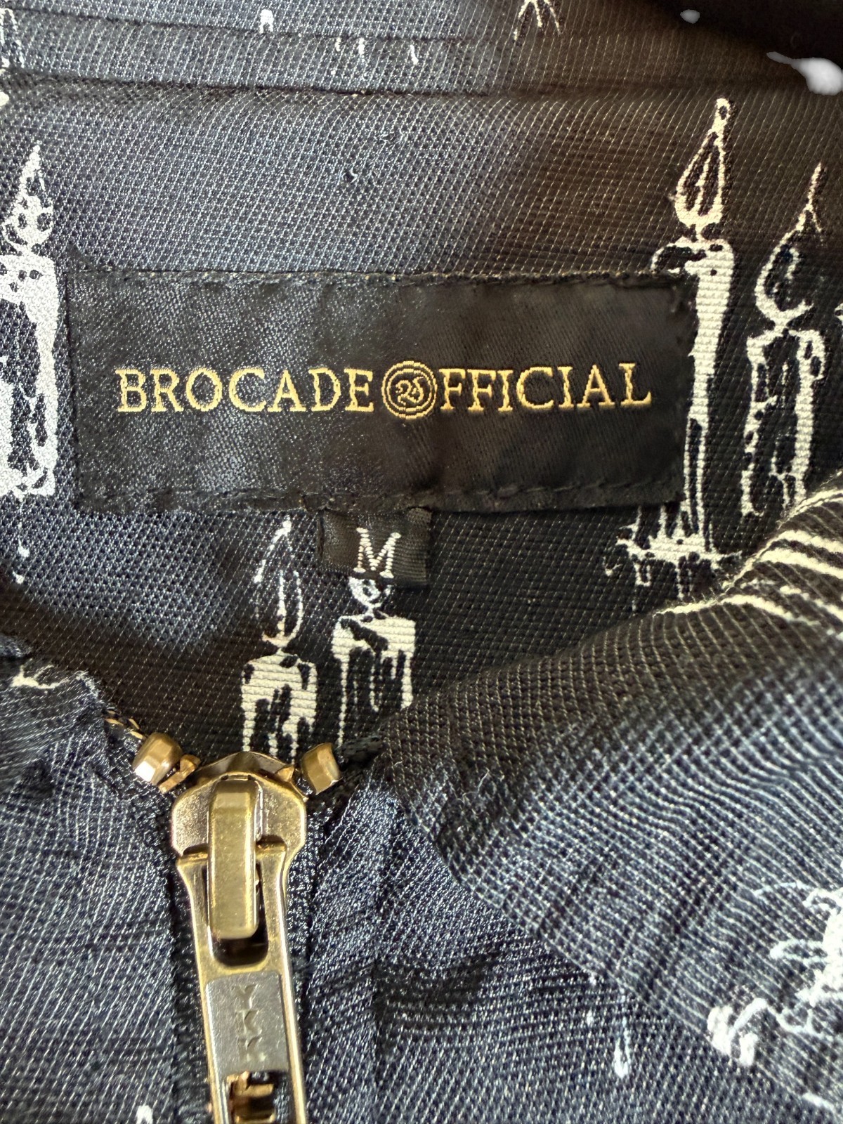 Brocade Official Denim Jacket Mens M Black All Over Print Point Collar Outdoor