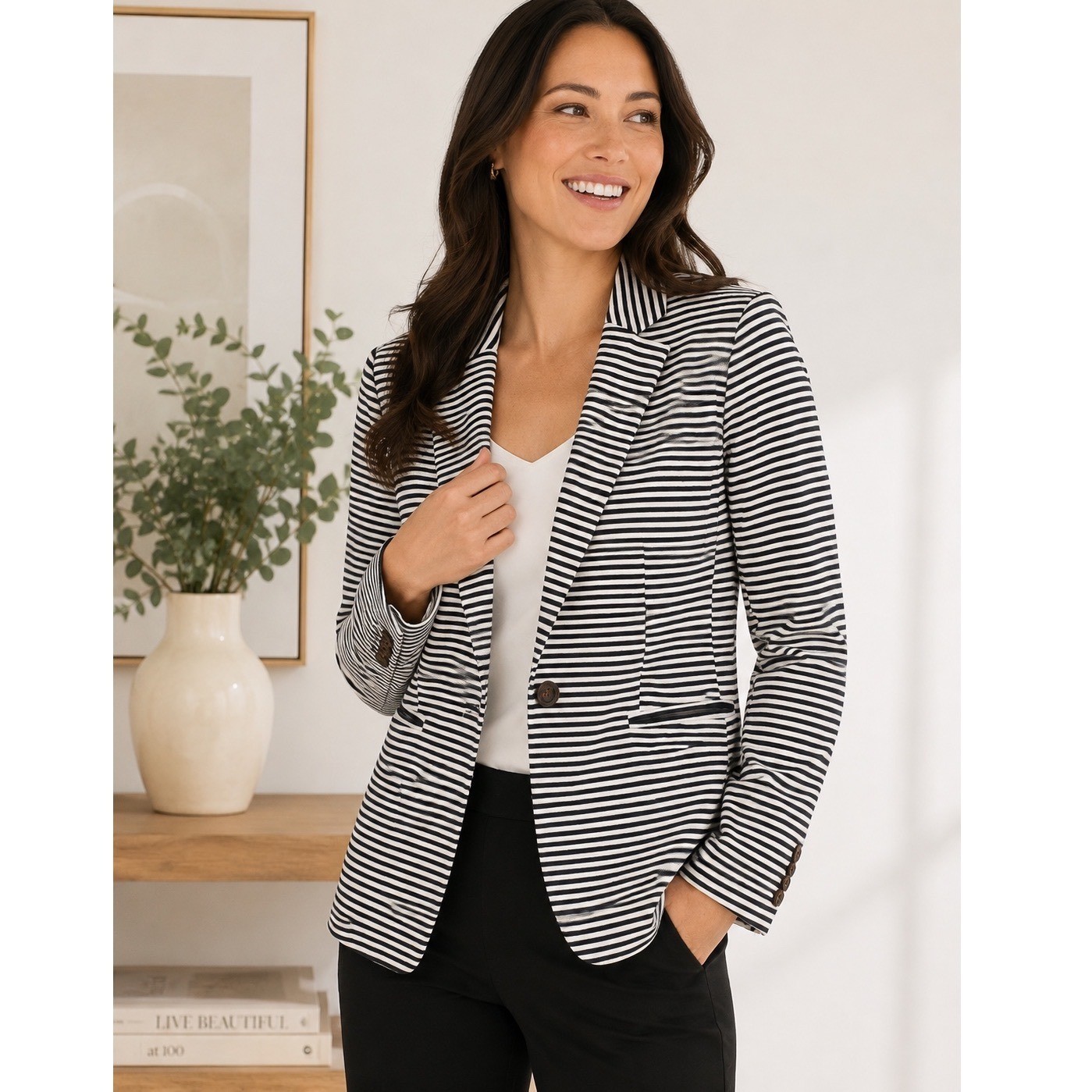 Ann Taylor Black White Striped Single Button Blazer Jacket Womens 8