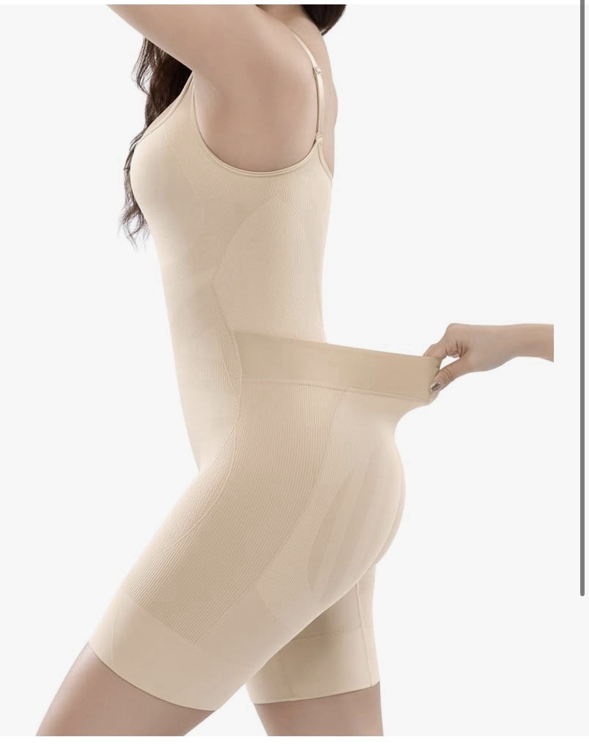 Women’s Seamless Firm Shapewear Bodysuit Shorts Beige One Size Stretch