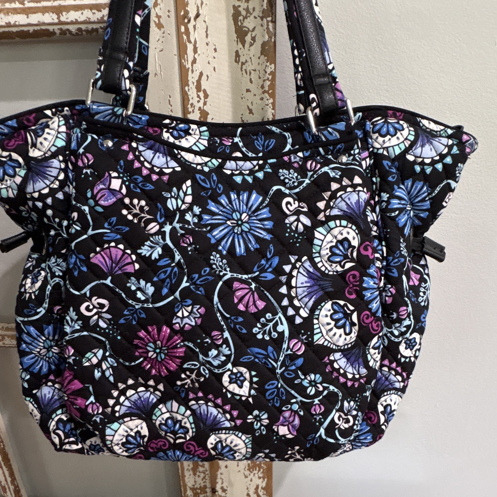 Women’s Floral Quilted Zip Top Tote Bag, Lined, Silver Hardware, Multicolor