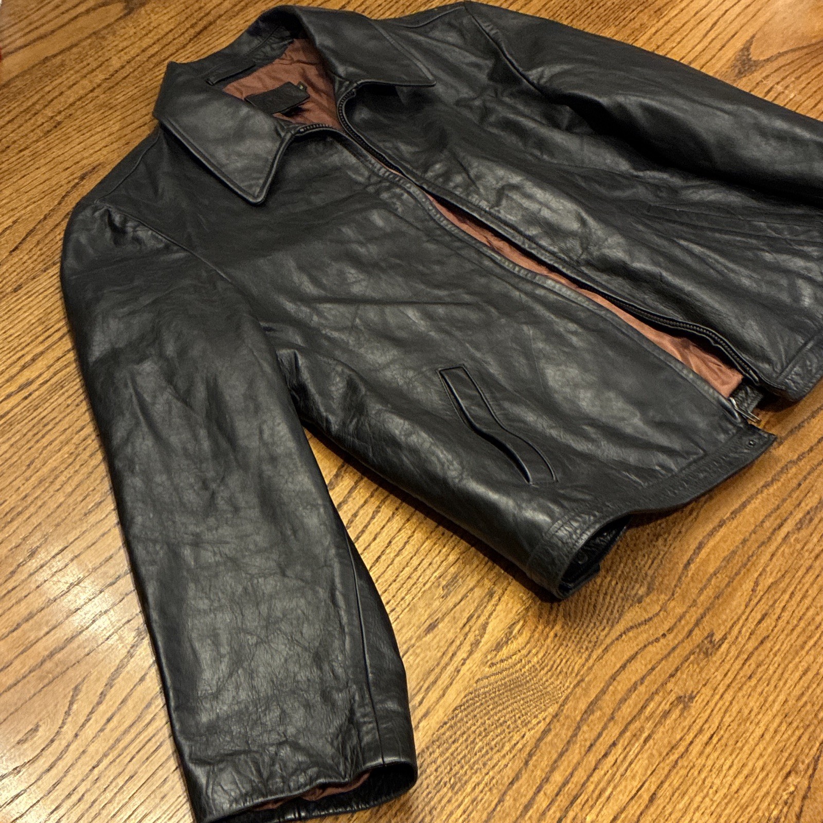 J.CREW Men’s XL Black Leather Jacket Lined Zip/Button Point Collar Pockets