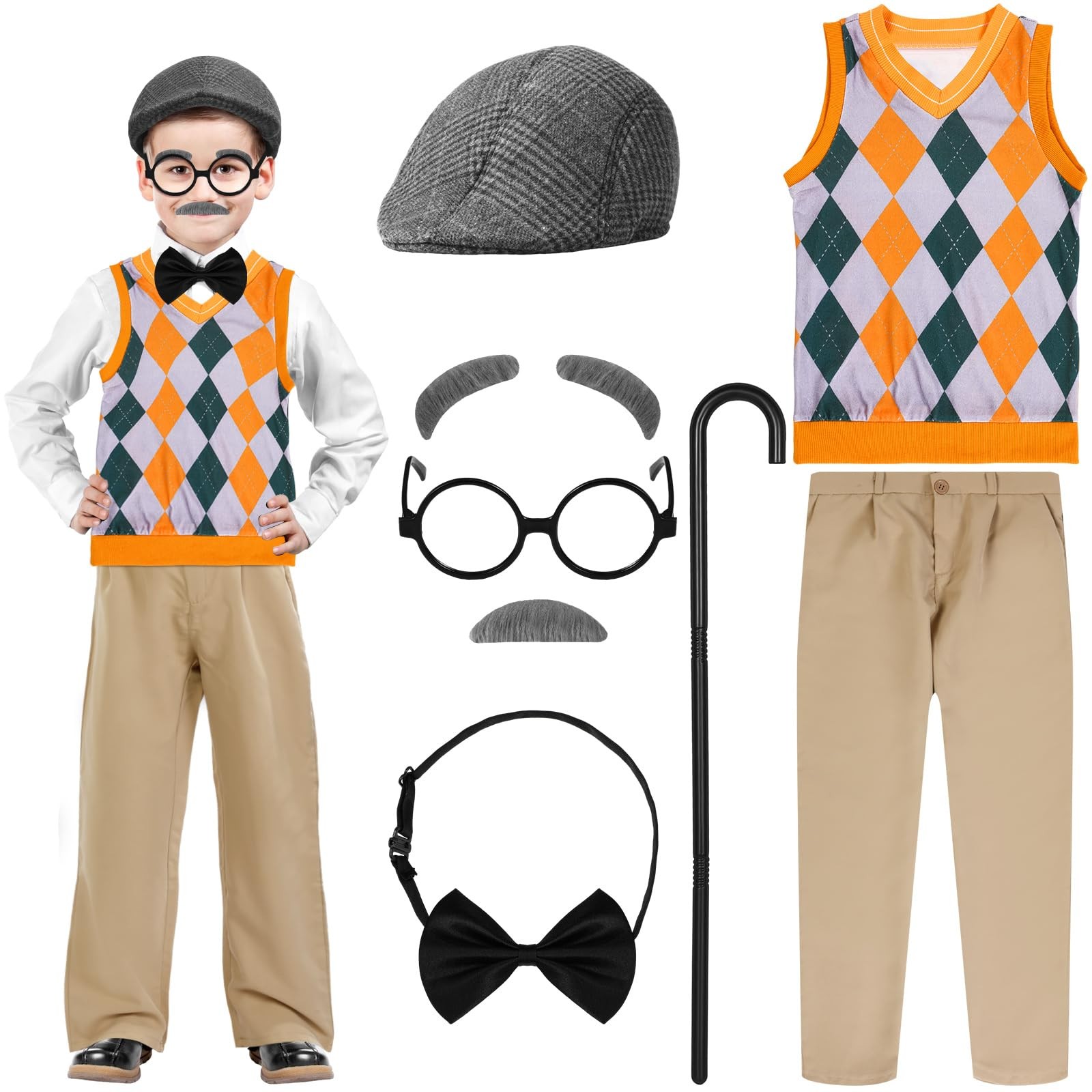 8 PCS Old Man Costume Kids Grandpa 100 Days School Halloween Vest Pants Boys