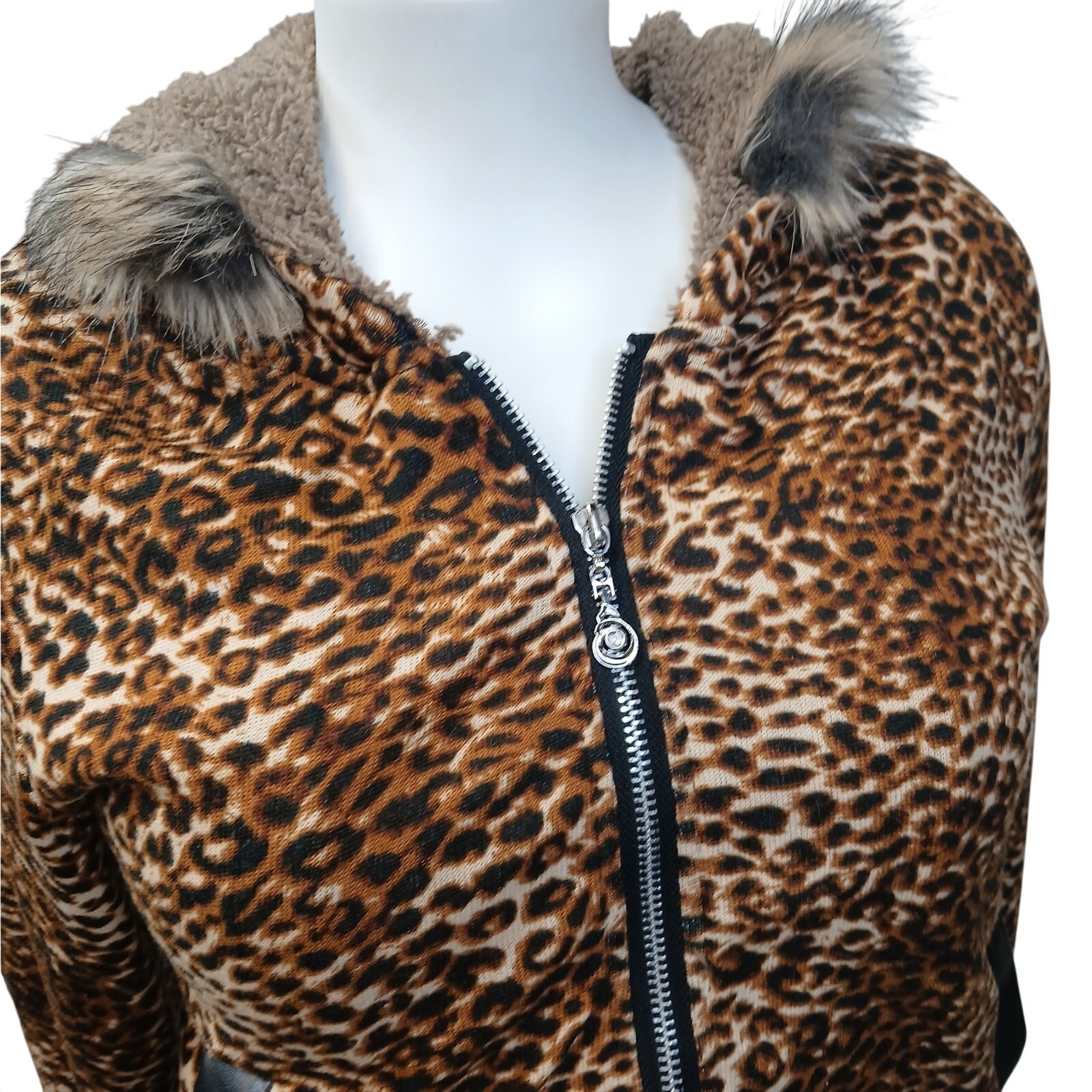 Hendi Hooded Bomber Jacket Leopard Animal Print Faux Fur Trim OS