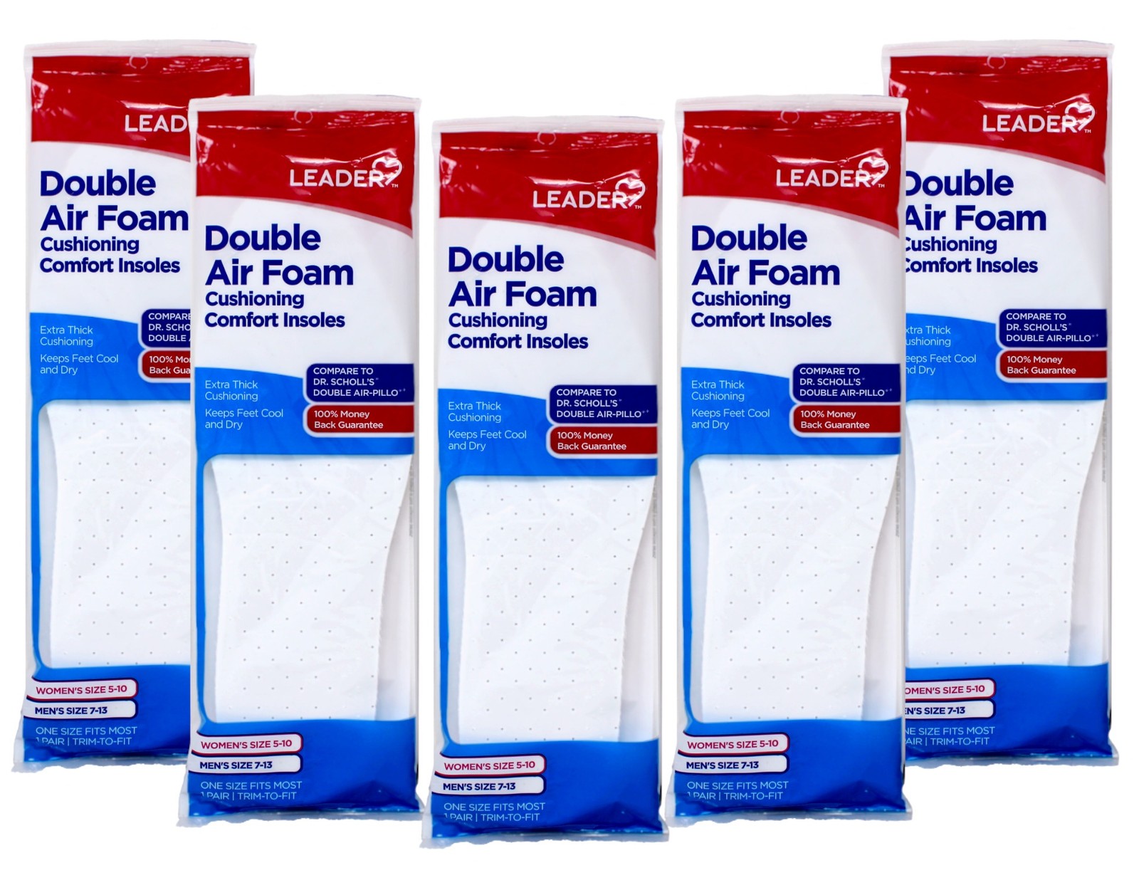 Leader Double Air Foam Insoles Women 5-10 Men 7-13 5 Pack Comfort Support