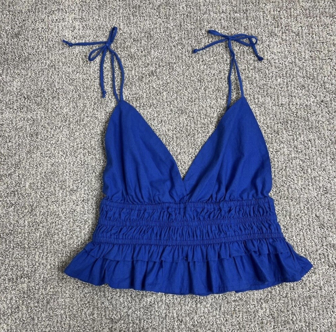 Sim and Sam Poplin Smoked Waist Top Ruffle Cami Tank in Blue size M NWOT