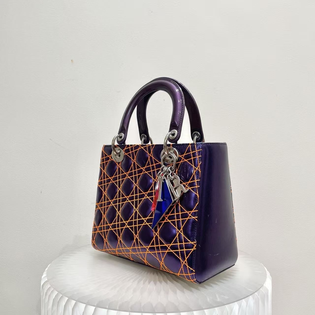Dior Lady Dior Small Blue Calfskin Orange Stitching Cannage Handle/Crossbody Bag