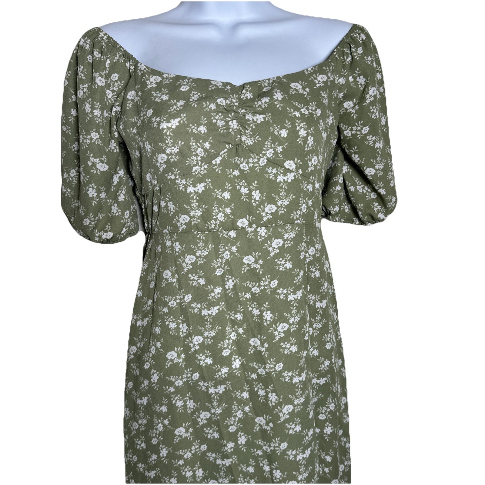 Hesperus Woman’s Small Ditsy Floral Green Midi Dress Cottagecore Puff Sleeve