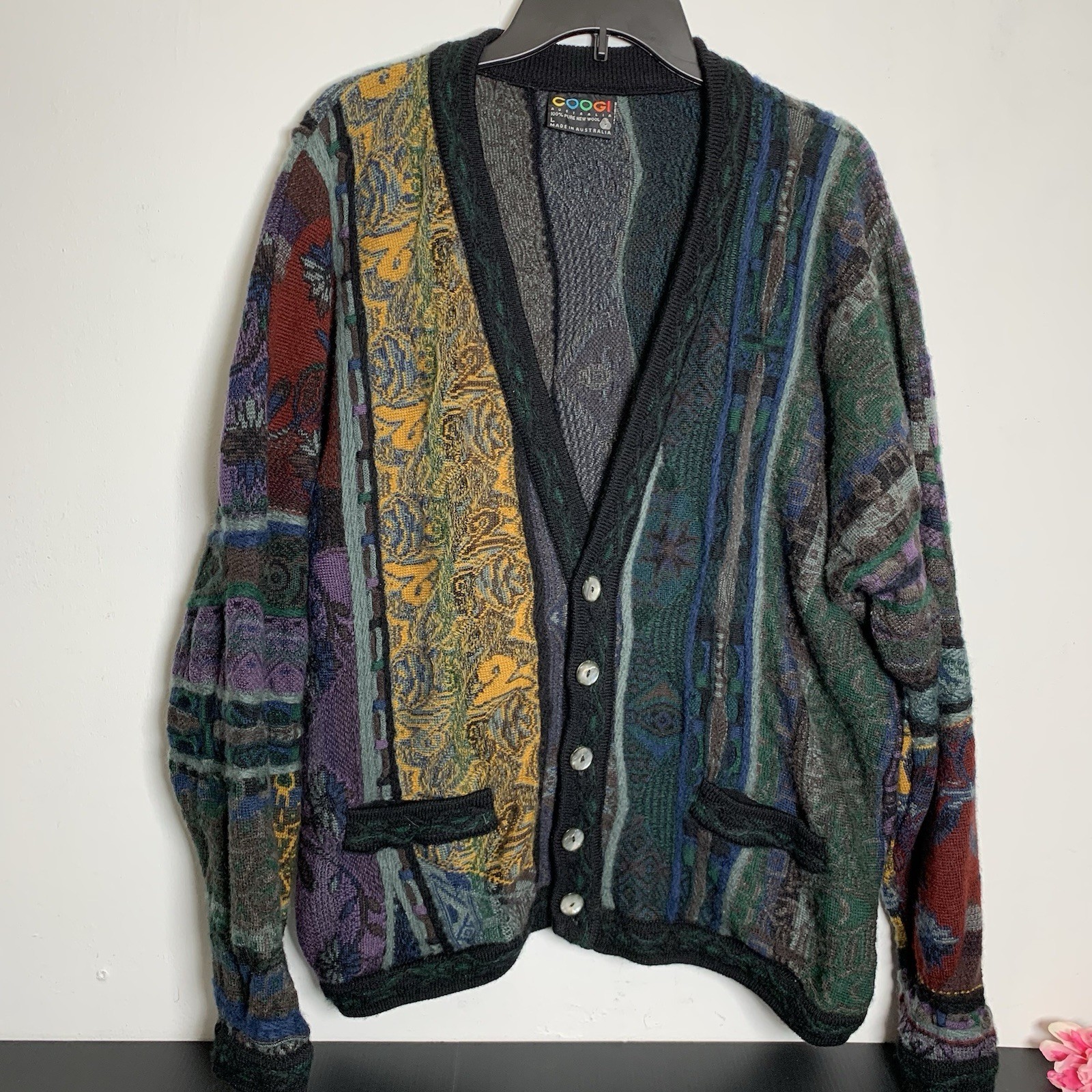 GOOGI – Men’s Pure New Wool Multicolor 3D Knitted Cardigan Sweater – Size: L