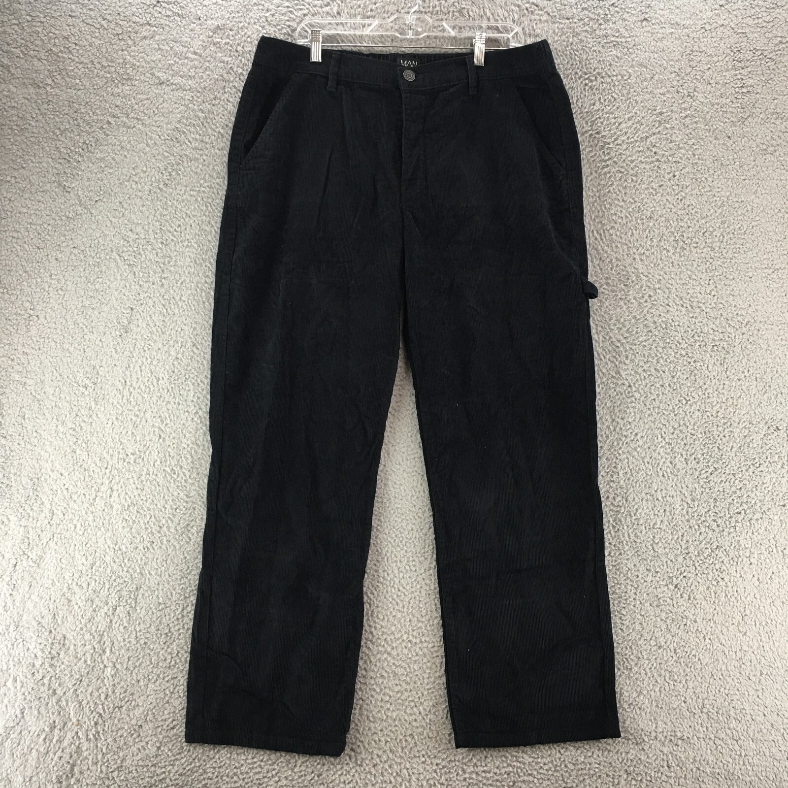 Man BoohooMan Corduroy Carpenter Pants Mens 36 Black Slash Pockets Mid Rise